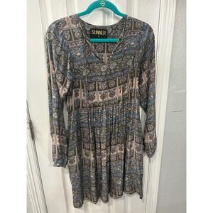 Sunner Silk Mini Dress Multi Color Floral Tile Print Boho Long Sleeve V-Neck M